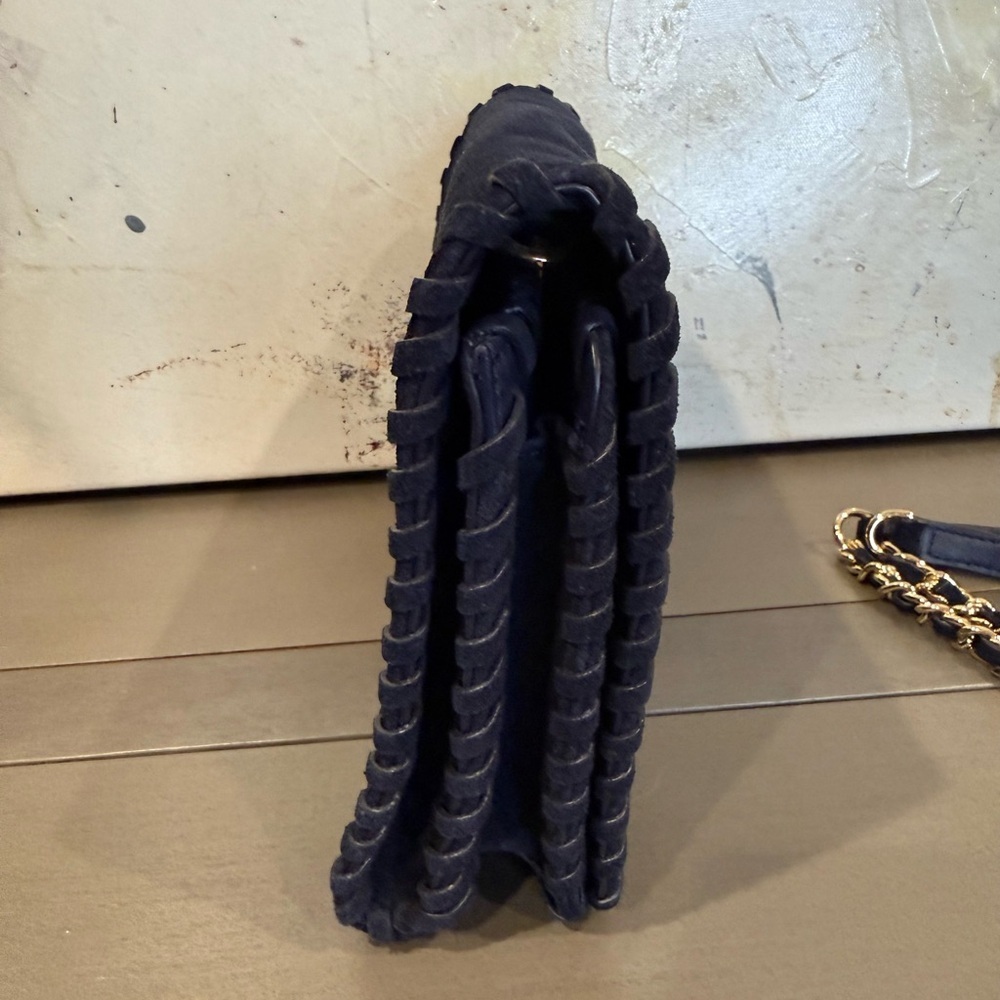 Tory Burch Marion Suede Crossbody Clutch Navy Blue Gold Chain Whipstitch Bag - Picture 10 of 12